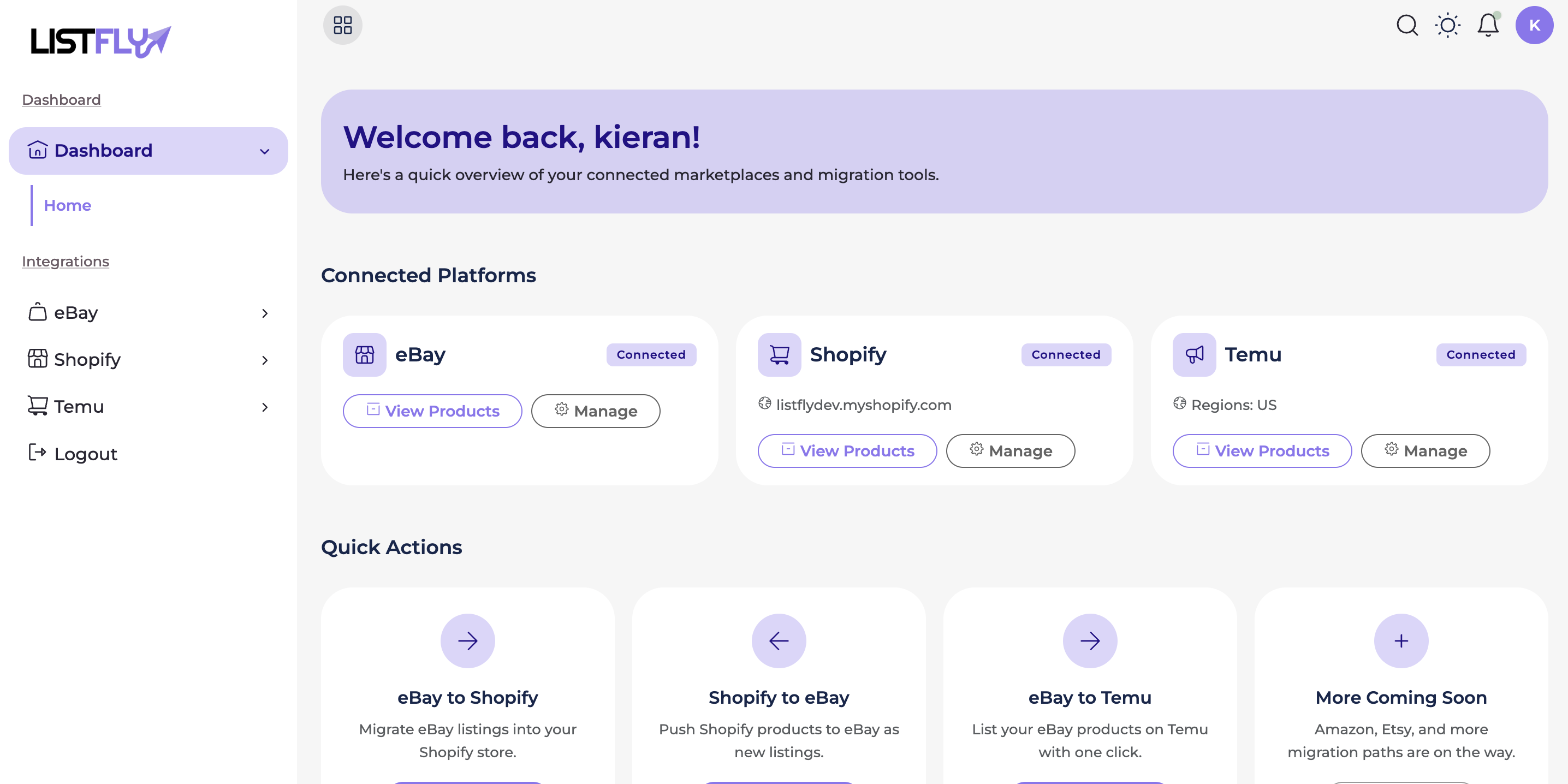 ListFly dashboard – import eBay to Shopify and Temu